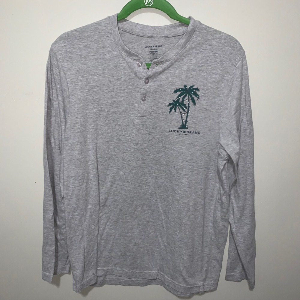 Lucky Brand Mens Sleepwear Henley Long Sleeve Palm Tree Graphic Gray Medium